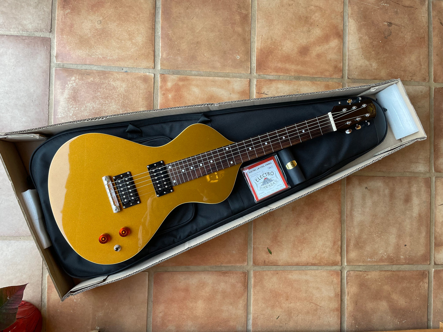 SPECIAL PACKAGE: 2025 Electro Hawaiian® Junior Lap Steel Gold Top With Amber Knobs, CS3 Slide Bar and Strings!