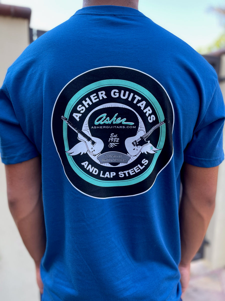 NEW Asher Guitars "The Logo" Men's 100% Cotton Premium T Shirt - Ocean Blue